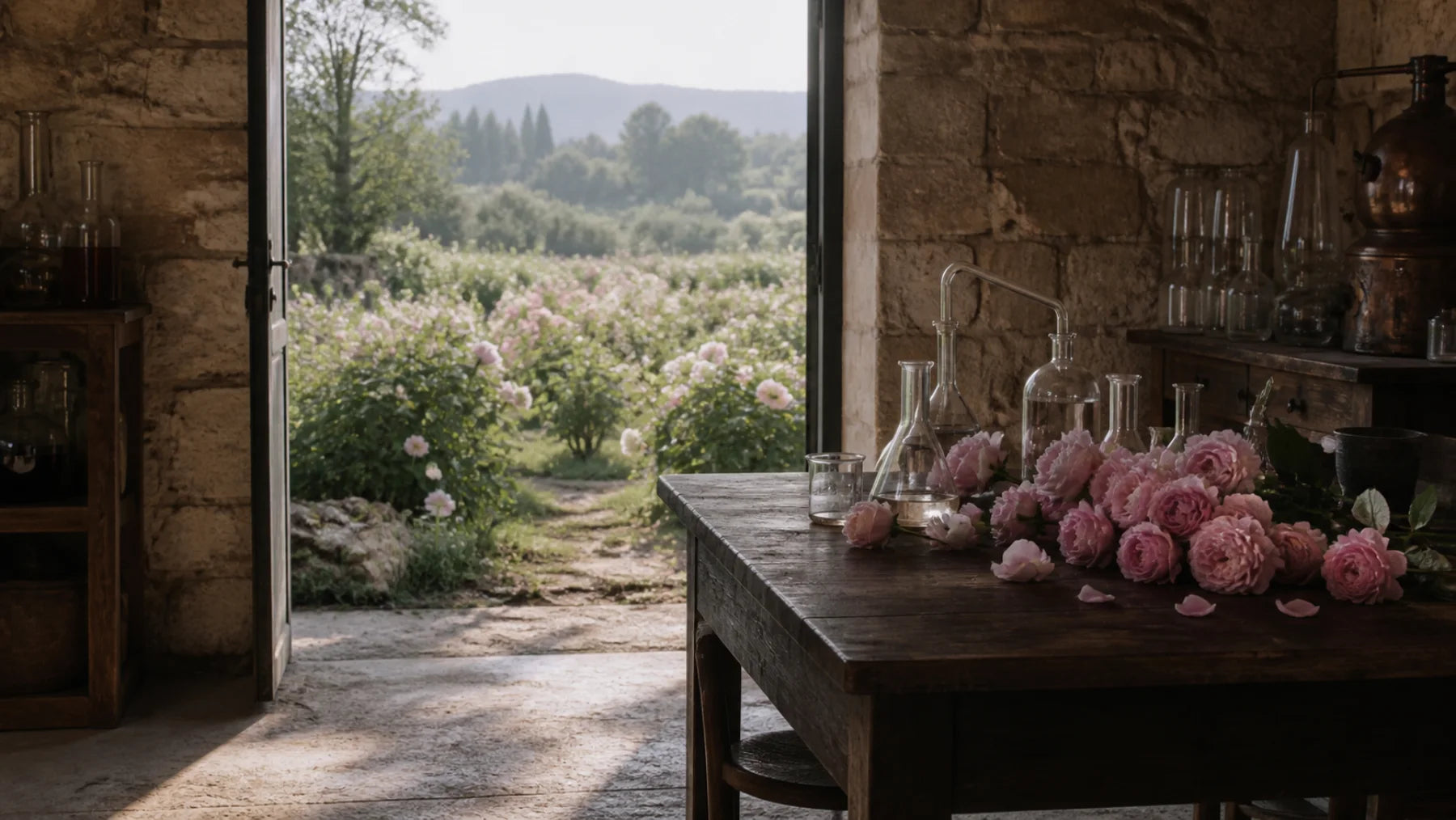A perfume atelier in Grasse opening onto a field of Centifolia roses.