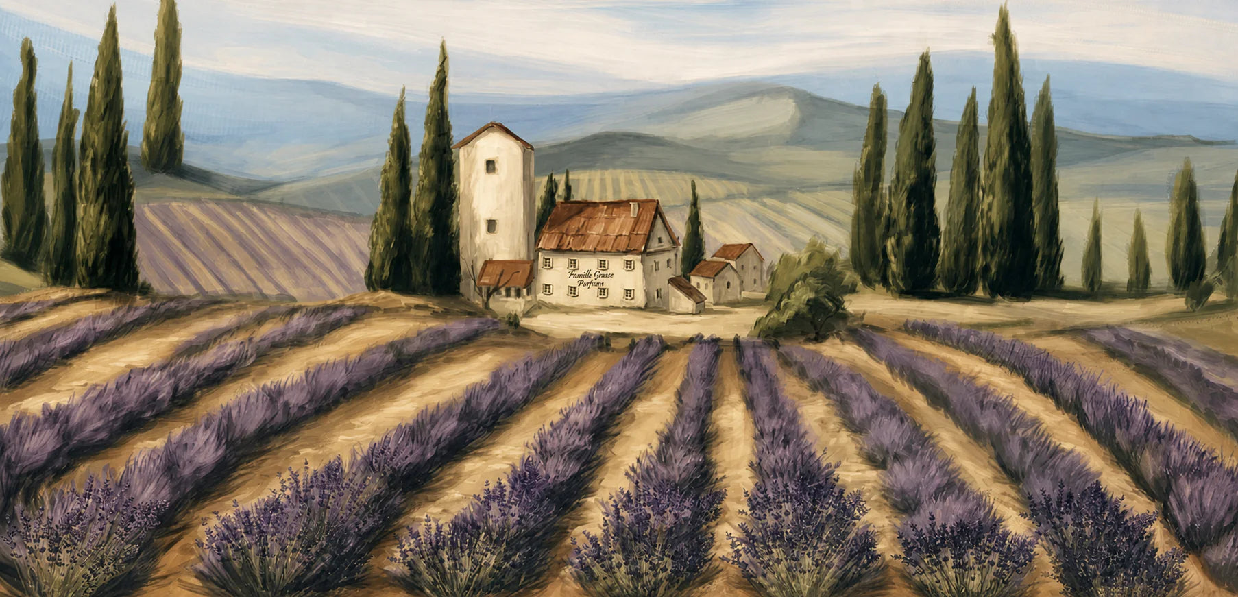 A painting of lavender fields and the Famille Grasse house in Provence.